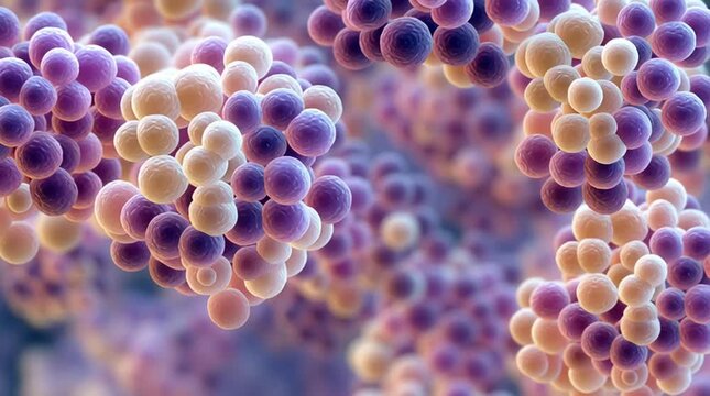 Microscopic view of Staphylococcus aureus bacteria forming characteristic grape-like clusters, with a realistic, slightly blurry documentary look used in medical microbiology.