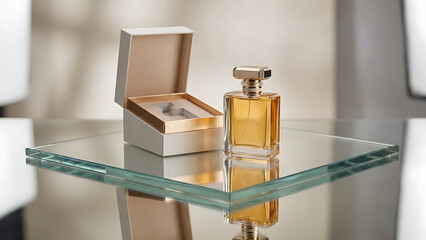 Elegant Perfume Bottle with Open Packaging on Glass Surface for Luxury Product Display