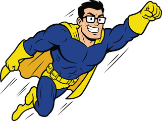 Cartoon superhero flying with confidence, blue suit and yellow cape, action pose, modern comic style, flat vector illustration © Mehebub Creatives