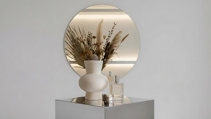 Minimalist Interior Display with Dried Flowers and Reflective Surfaces Creating a Calm and Stylish Aesthetic