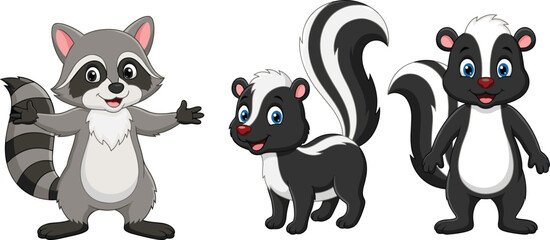 Cartoon woodland animals, raccoon and skunks, upright pose, smiling faces, bushy tails, vector art, flat illustration, forest creatures, friendly © Mehebub Creatives