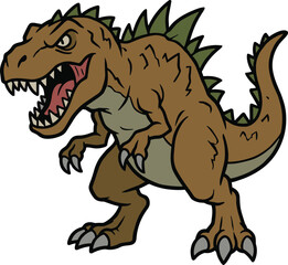 Cartoon dinosaur, T-Rex character, open mouth, sharp teeth, green spines, dynamic pose, vector art, flat illustration, prehistoric animal, roar*