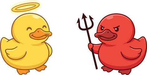 Cartoon ducks, angel and devil, good vs evil, halo and trident, morality theme, vector art, flat illustration, duality