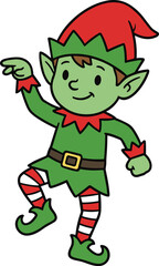 Cartoon elf, festive costume, Christmas character, green skin, red hat, striped leggings, dancing pose, vector art, flat illustration, holiday