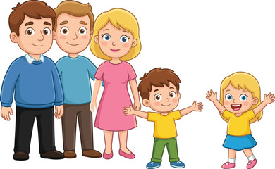 Cartoon family group, adults and children, cheerful expressions, diverse outfits, standing pose, vector art, flat illustration, happy people