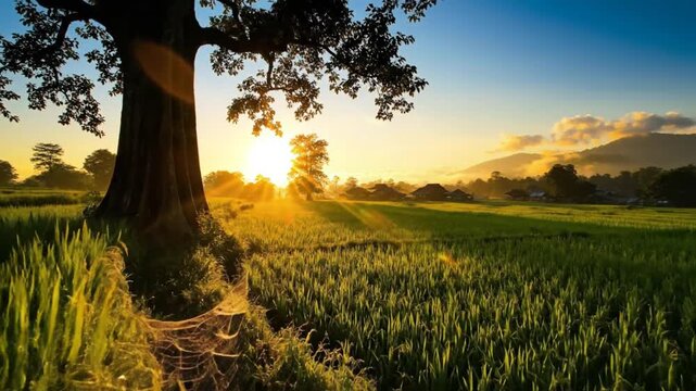 Tranquil Sunrise over Lush Green Rice Fields with a Silhouetted Tree and a Picturesque Village in the Distance
