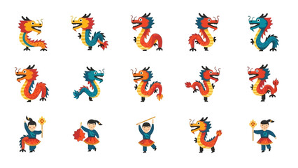 Colorful Dragon Dance Performers in Various Poses.
