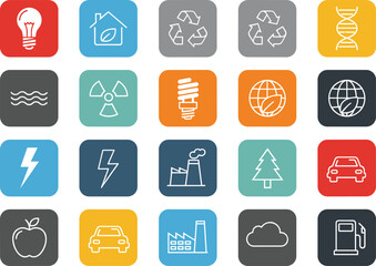 Eco energy and sustainability icons vector set with renewable power, recycling, environment, transport, and technology symbols