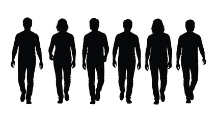A row of six people walking forward depicted as a striking black silhouette
