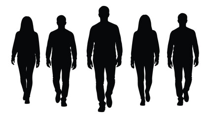 A group of five people walking forward depicted as a striking black silhouette