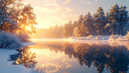 Obraz premium nature landscape with calm lake, soft golden-hour sunlight, lush winter trees, clear reflections on water, atmospheric depth, peaceful and relaxing outdoor scenery