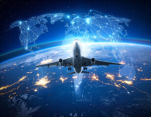 Airplane above Earth network. An airplane flies above Earth at night with a connected world map overlay, highlighting worldwide mobility. City lights and glowing lines suggest global infrastructure.