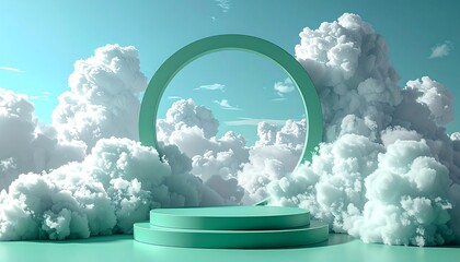 Turquoise platform encircled, amidst voluminous fluffy white clouds