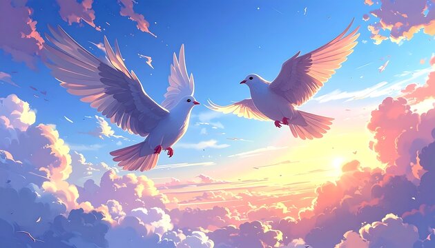 Two doves soar in a sunrise sky