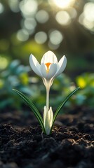 Obraz premium Macro View of Early Spring Crocus In Bloom Emerging From Soil With Sunlight Filtering Through