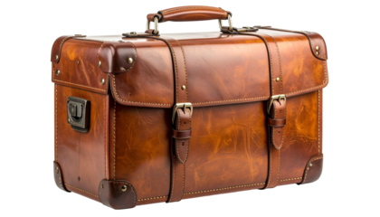 Classic leather briefcase, polished and detailed, with buckles, handle, and corner protectors