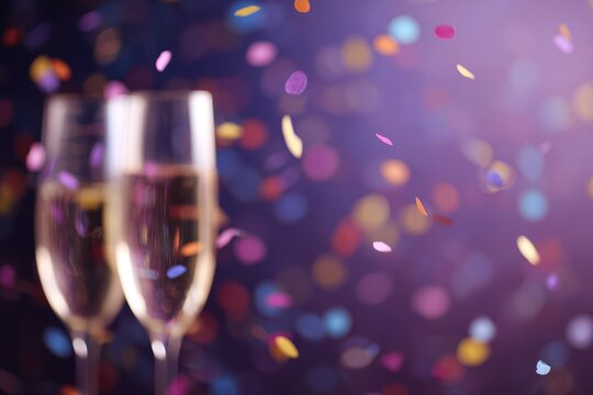 A vibrant New Year is Eve celebration with confetti falling, champagne glasses clinking, and blurred lights in the background, high energy. - Powered by Adobe