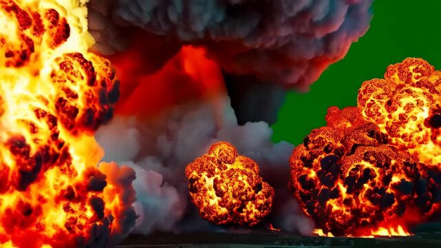 Intense explosion scene featuring large fireballs and billowing smoke set against a striking green background. the dramatic contrast highlights the dynamic motion and power of the fiery clouds, creati