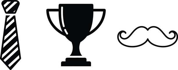 Father&rsquo;s Day icon set in black and white featuring tie, trophy, and mustache, simple line vector
