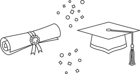 Graduation icon set with diploma, cap, and confetti, minimal black and white vector