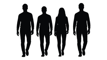 Four people standing in a row depicted as dark shapes against a white background silhouette