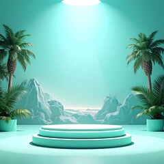 Turquoise studio scene with a pedestal, palm trees, and mountains
