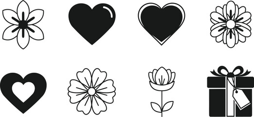 Mother&rsquo;s Day icon set in black and white including flower, heart, and gift box, minimal flat design