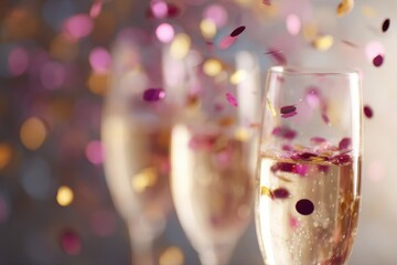 A vibrant New Year is Eve celebration with confetti falling, champagne glasses clinking, and blurred lights in the background, high energy.