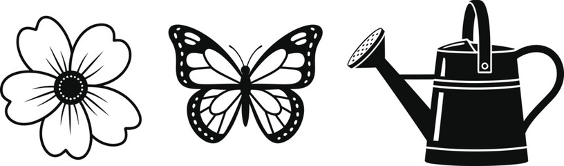 Spring season icon set with flower, butterfly, and watering can, monochrome vector