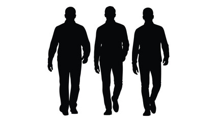 Three men walking forward depicted as a stark and dramatic black silhouette