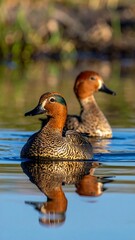 Fototapeta premium Two ducks swim peacefully on reflective water