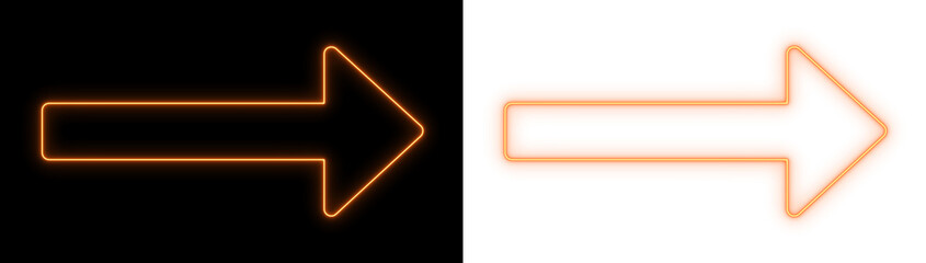 Orange neon arrow pointing right on black and transparent backgrounds, bright directional outline icon for navigation and UI design