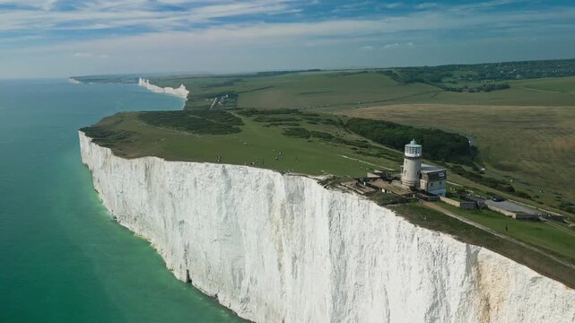 Aerial view over the famous white cliffs of The Seven Sisters Dover, south England.