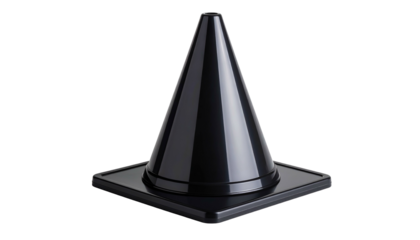 Sleek black traffic cone on a square base, isolated against a solid black background