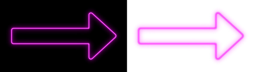 Pink neon arrow pointing right on black and transparent backgrounds, bright directional outline icon for navigation and UI design