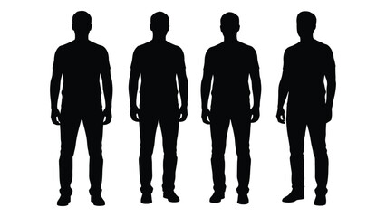 Four men standing in a row depicted as stark black shapes against a white background silhouette