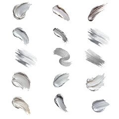Cosmetic cream swatches set silver gray metallic texture isolated on white
