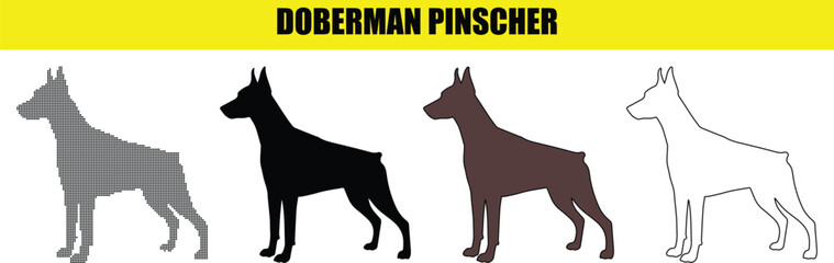 Various Doberman Pinscher dog breed silhouettes in different styles for design
