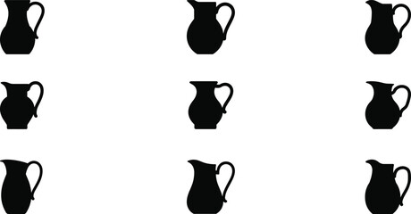 Black pitcher jug silhouette icon set showing traditional ceramic water jugs and milk pitchers, minimal household vessel symbols for vector design and brandingBlack pitcher jug silhouette icon set sho