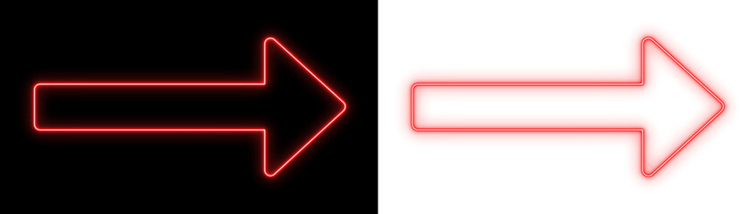 Red neon arrow pointing right on black and transparent backgrounds, bright directional outline icon for navigation and UI design