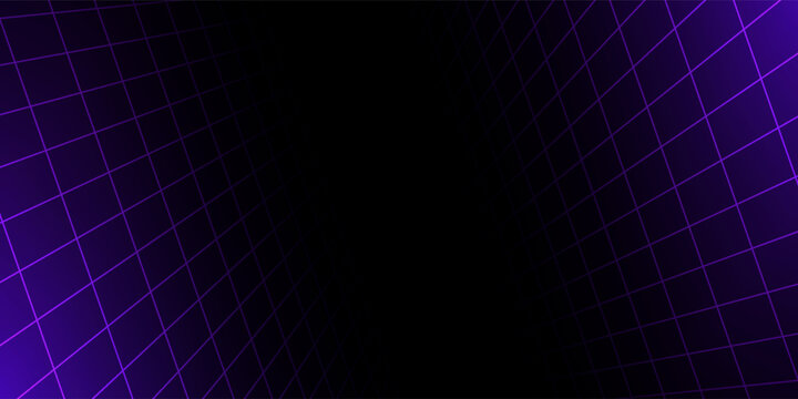 Purple glowing neon wireframe background. Shining checkered vertical grid planes in perspective. Retro futuristic depth wallpaper. Arcade game sci fi matrix surface backdrop for poster, banner. Vector