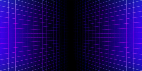 Obraz premium Blue glowing neon wireframe background. Shining vertical grid planes in perspective. Retro futuristic depth wallpaper. Arcade game sci fi diagonal matrix surface backdrop for poster, banner. Vector