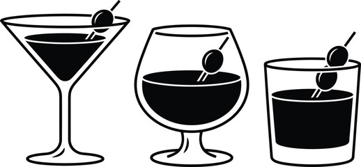 Cocktail glass silhouettes set, martini, brandy and whiskey drink icons, minimalist bar and alcohol symbols, black and white beverage vector illustration