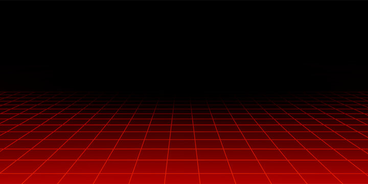 Red glowing neon wireframe background. Shining diagonal checkered grid planes in perspective. Retro futuristic depth wallpaper. Arcade game sci fi matrix surface backdrop for poster, banner. Vector