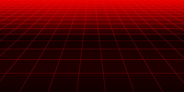Red glowing neon wireframe background. Shining diagonal checkered grid planes in perspective. Retro futuristic depth wallpaper. Arcade game sci fi matrix surface backdrop for poster, banner. Vector