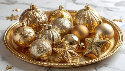 Golden ornaments and stars arranged on a gold tray, atop a marble surface