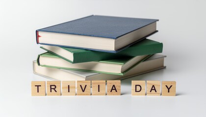 Trivia Day celebration with a stack of books, indoor educational concept