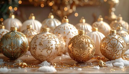 Close-up of ornate Christmas ornaments, gold and white, with snow and bokeh background