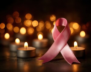 Pink awareness ribbon with candles on dark background