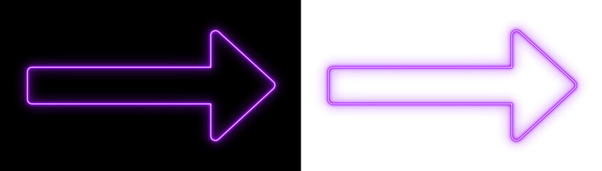 Purple neon arrow pointing right on black and transparent backgrounds, bright directional outline icon for navigation and UI design
